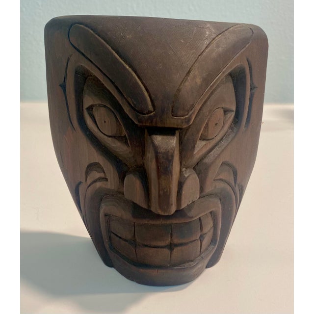 Vintage Pacific North Coast red cedar wooden mask from Billy Robertson. All original, with old label and some illegible...