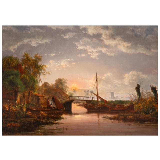 JACOBUS THEODORUS ABELS Dutch, 1803-1866 A Moonlit River Landscape 18 1/4" H x 3 1/2" D x 22 1/4" W (framed) 11 5/8" H x...