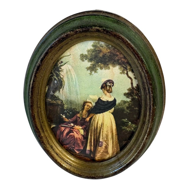 Vintage Petite Oval Gold and Green Framed Print For Sale