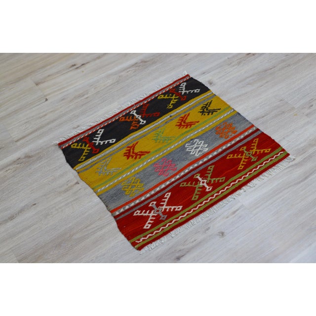 1960s Tribal Turkish Embroidered Flatweave Colorful Kilim Rug Size: 2 x 2.2 ft - 59 x 67 cm - 23 x 26 inches Color:...
