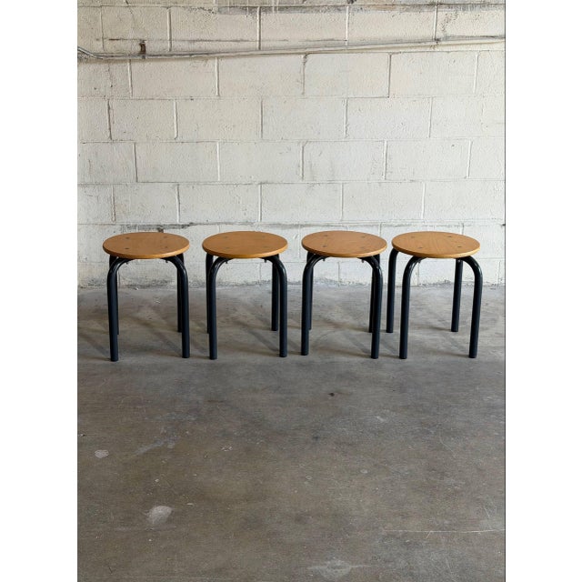 Set of 4 Vintage Danish Stools Mid Century Modern Beech & Metal Seating For Sale In Los Angeles - Image 6 of 8