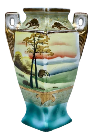 Vintage Japanese Porcelain Imari Landscape Motif Handle Vase by Miyako Japan
