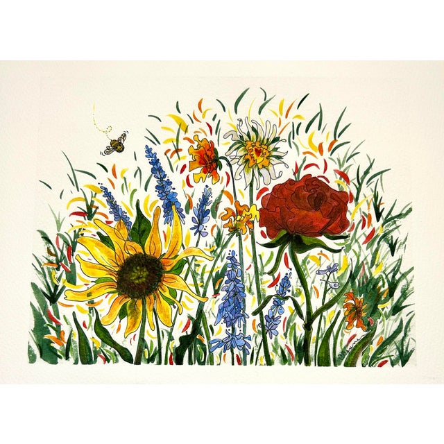 American Framed Original Watercolor Painting of “Bees Garden” For Sale - Image 3 of 9