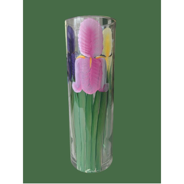 Vintage Original Hand Painted Botanical Iris Flower Glass Vase Signed For Sale - Image 15 of 17