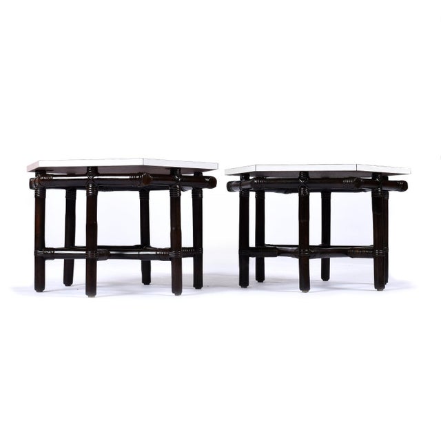 Pair of Ficks Reed Dark Rattan and White Hexagon Side Tables 1950s For Sale - Image 11 of 12