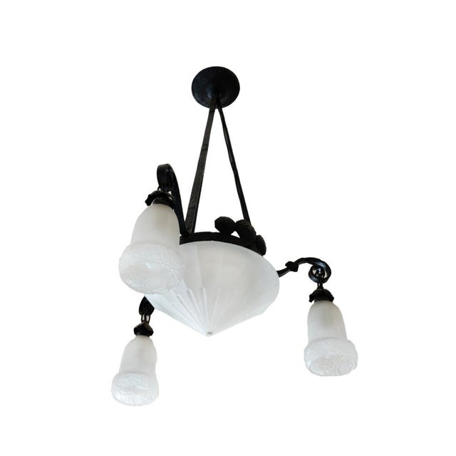 Black French Provincial Wrought Iron Ceiling Light with Frosted Glass, 1900s For Sale - Image 8 of 8