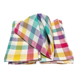 Vintage Plaid Linen Napkins – Multicolor Check Mid-Century Table Linens Cottage Kitchen - Set of 10 For Sale