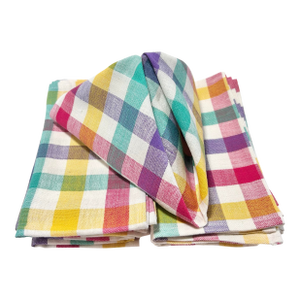 Vintage Plaid Linen Napkins – Multicolor Check Mid-Century Table Linens Cottage Kitchen - Set of 10