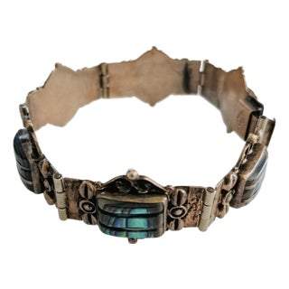 Mid 20th Century Signed Iguala Mexican Sterling & Abalone Link Bracelet For Sale
