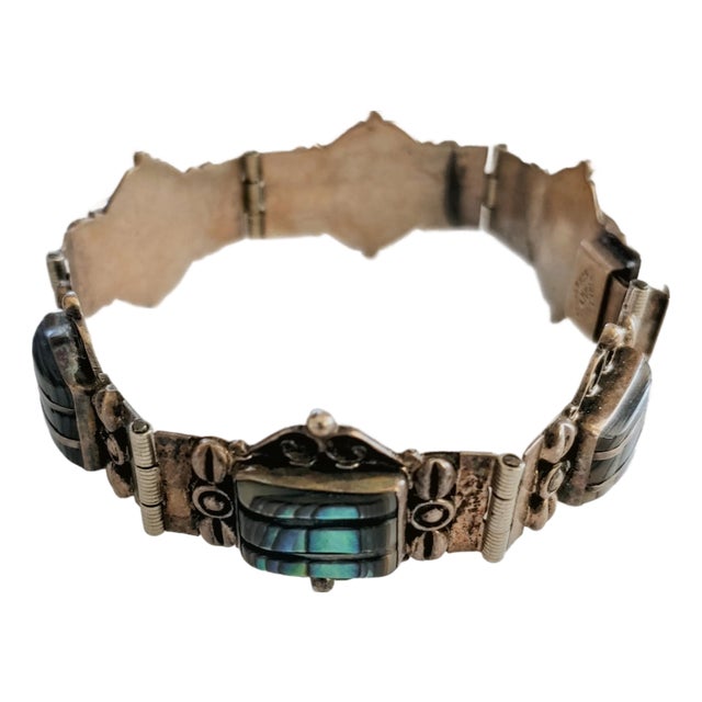 Mid 20th Century Signed Iguala Mexican Sterling & Abalone Link Bracelet For Sale