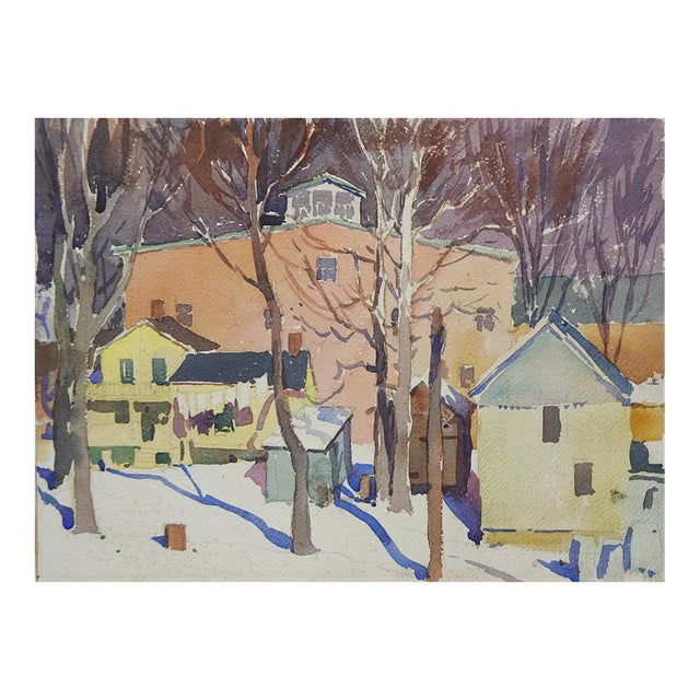 Early 20th Century Winter Cityscape Backyards Watercolor Painting For Sale