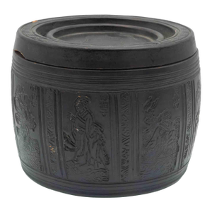 Antique Chinese Yixing Zisha Cricket Jar or Tea Caddy – Incised Scholar Figures – Qianlong Mark