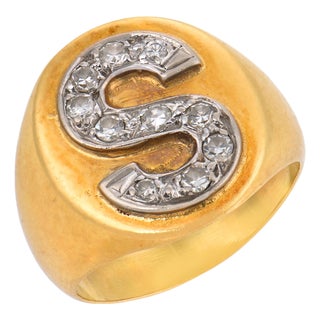Vintage Diamond 18k Two Tone Gold Signet "S" Ring, Size 4 For Sale