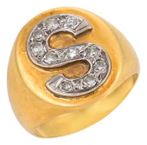 Vintage Diamond 18k Two Tone Gold Signet "S" Ring, Size 4