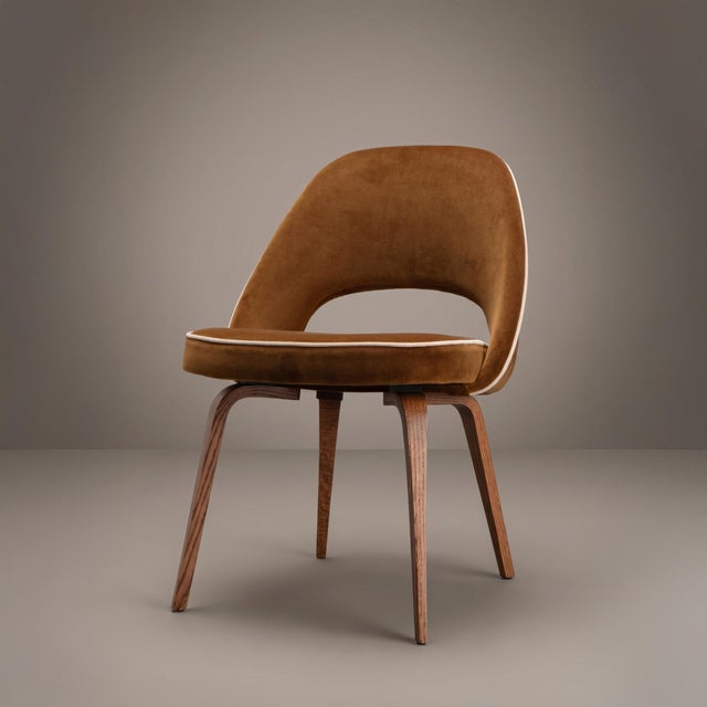 2000 - 2009 Saarinen Executive Armless Dining Chairs in Cognac & Créme Cotton Velvet, Walnut Legs For Sale - Image 5 of 8