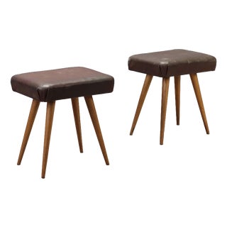 Vintage Stools in Beech and Leatherette, Italy, 1950s, Set of 2 For Sale