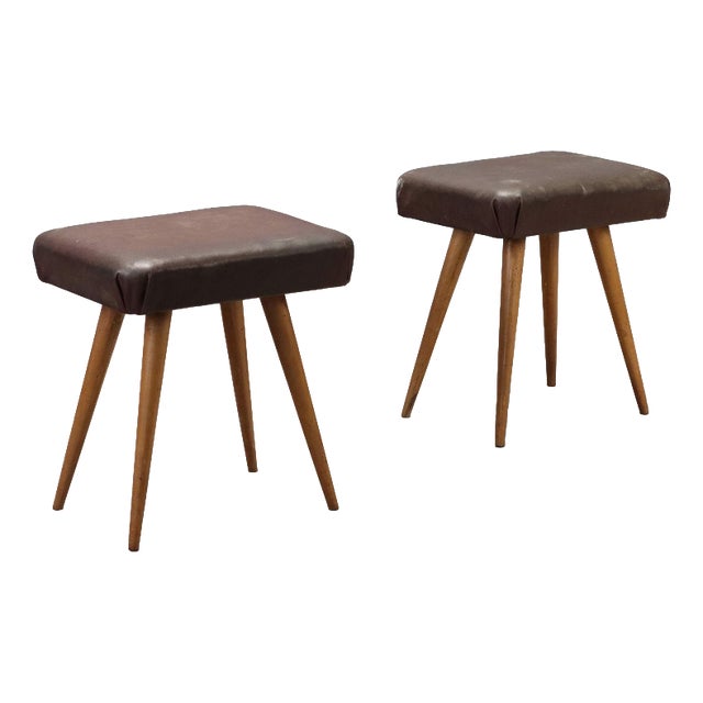 Vintage Stools in Beech and Leatherette, Italy, 1950s, Set of 2 For Sale