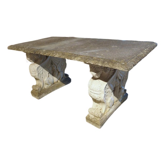Italian Neoclassical Style Garden Table With Winged Rams Heads Decor, 1900s For Sale