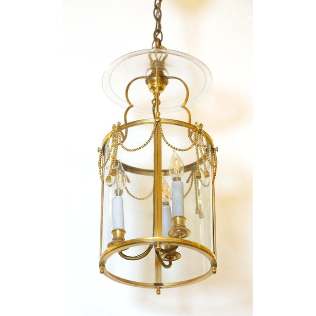 French Mid 20th Century Gold Gilded Bronze French 3 Light Cylinder Ceiling Lantern For Sale - Image 3 of 5