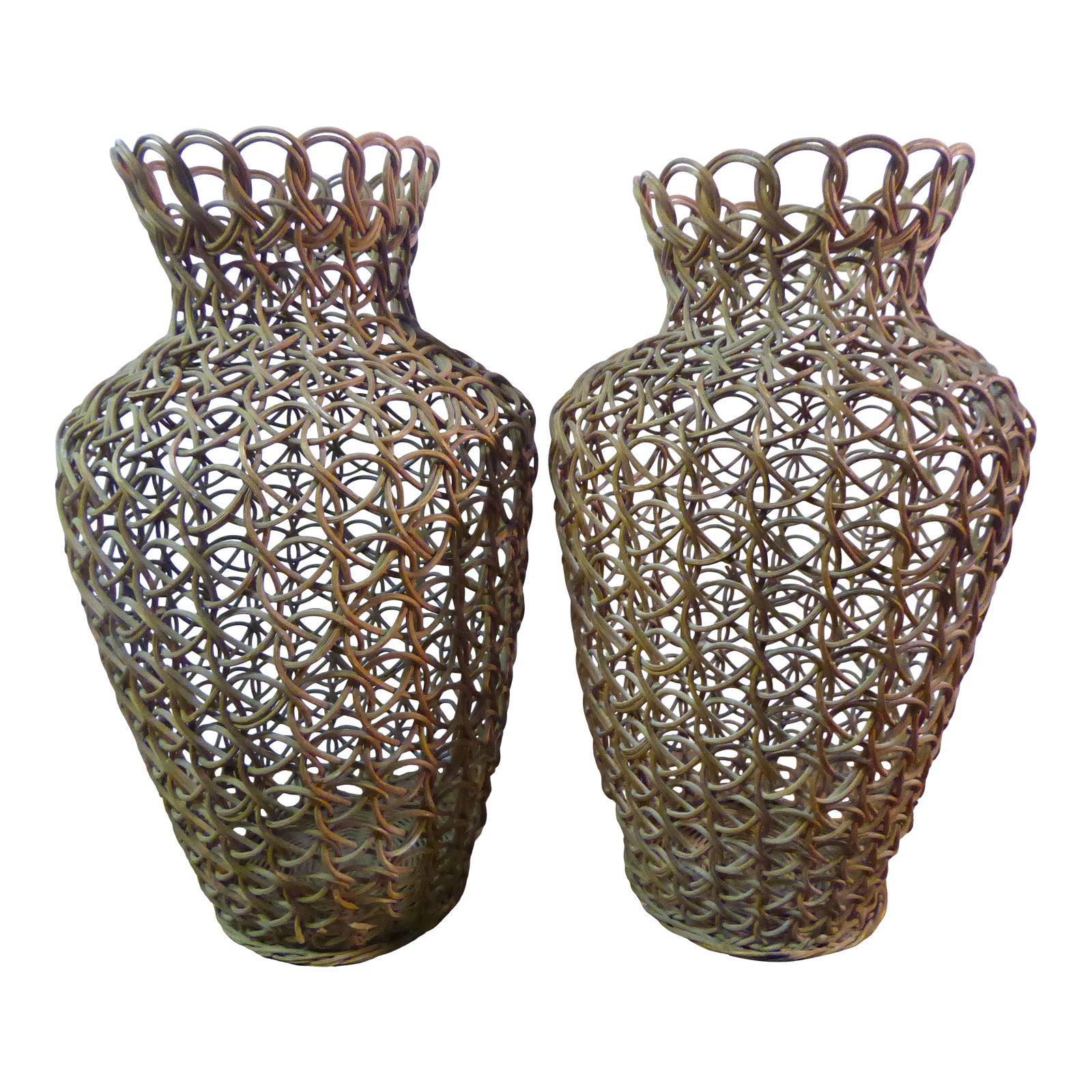 Vintage Modern Brown Rattan Vases a Pair Chairish