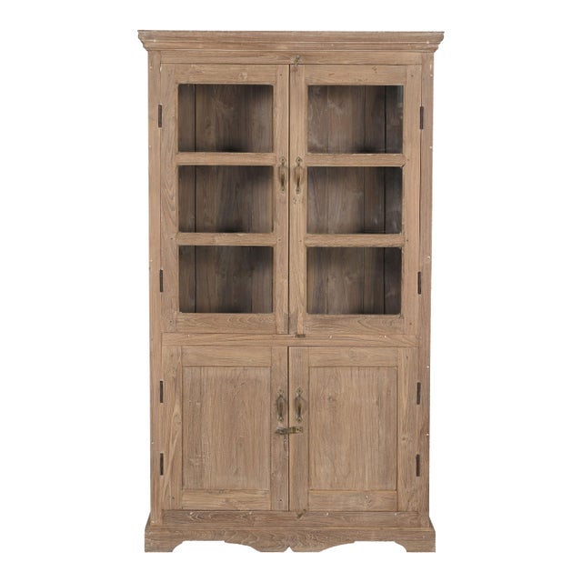 Antique Glass Armoire | Vintage Indian Cabinet | Carved Teak Wood Display Cabinet | Rustic Home Decor For Sale