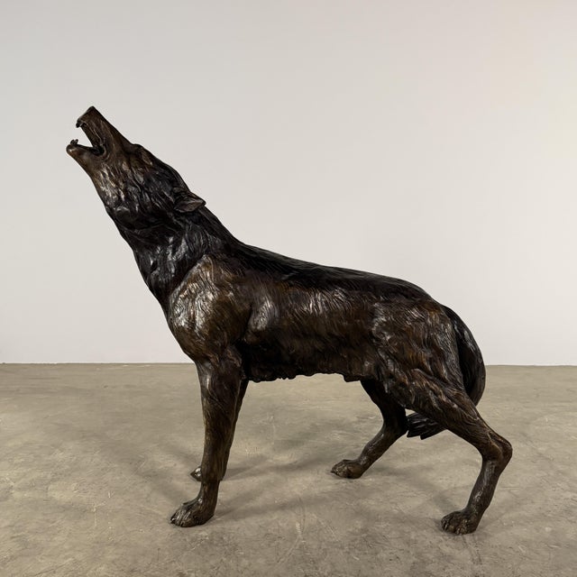 Early 21st Century Life-Size Bronze Howling Wolf Sculpture, 35” H For Sale - Image 5 of 12