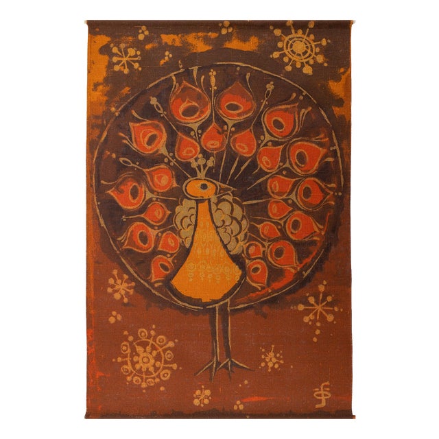 Vintage Danish Wall Hanging with Peacock by Hans Jürgen Schöbel for Södahl, 1960s For Sale