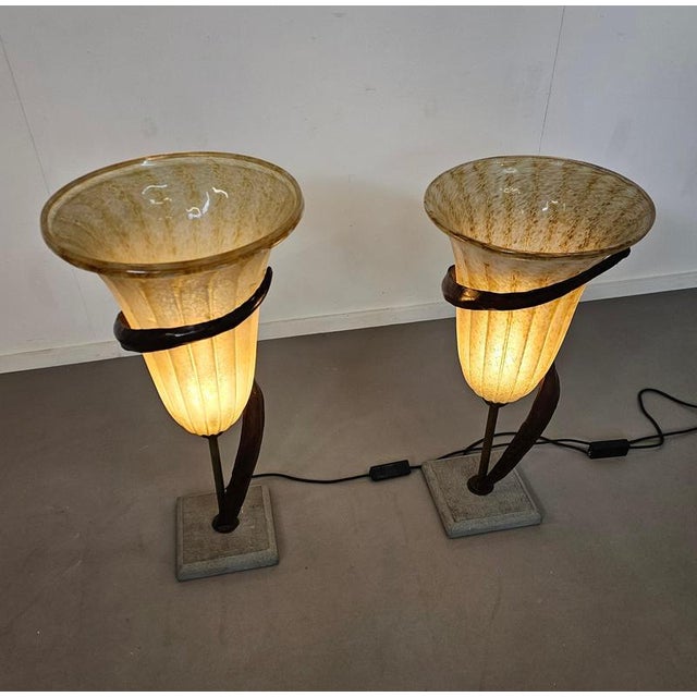 Large Jugendstil Floor Lamps with Stone Base and Italian Glass Shade from Roberto Galli, Set of 2 For Sale - Image 9 of 18