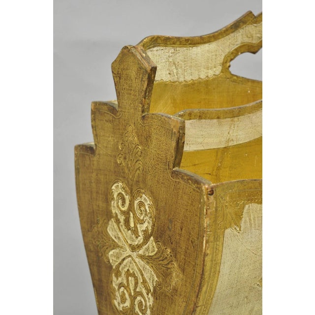 Gold Vintage Italian Florentine Gold Giltwood Hollywood Regency Magazine Rack Stand For Sale - Image 8 of 15