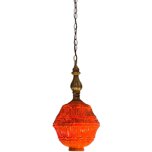 Mid 20th Century Mid-Century Distressed Orange Pressed Glass Pendant Light For Sale - Image 5 of 18