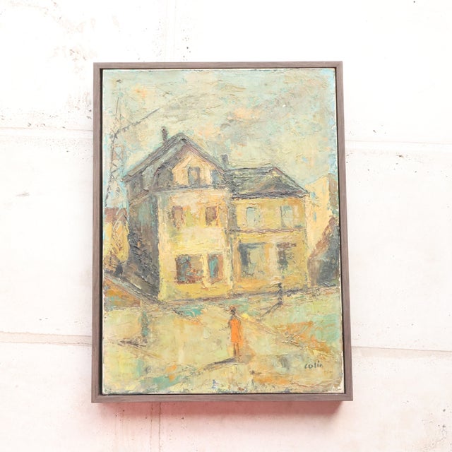 20th Century French Yellow House Painting features a softly rendered architectural scene centered around a pale yellow...