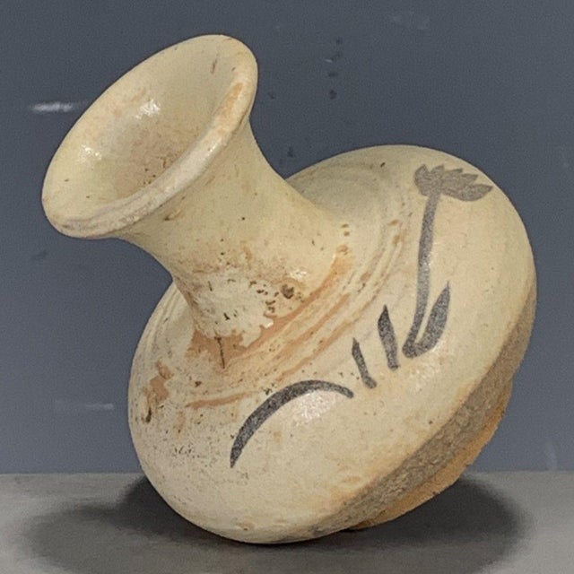 Vintage White Glazed Pottery Vase – Slip-Painted Floral Motif, Folk Style For Sale - Image 9 of 9
