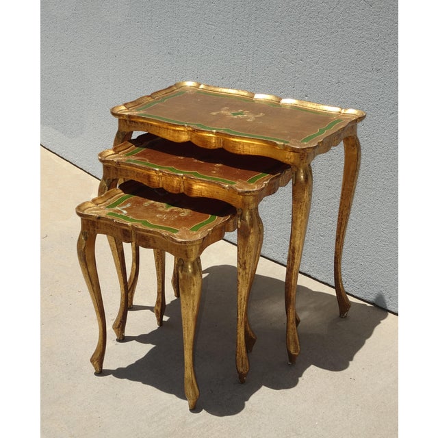 Set of Three Vintage Florentine Gold Gilt Nesting Tables Made in Italy Gorgeous Nesting Tables in Good Vintage Condition....