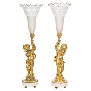 19th Century Gilt Bronze and Crystal Cornet Vases, Set of 2