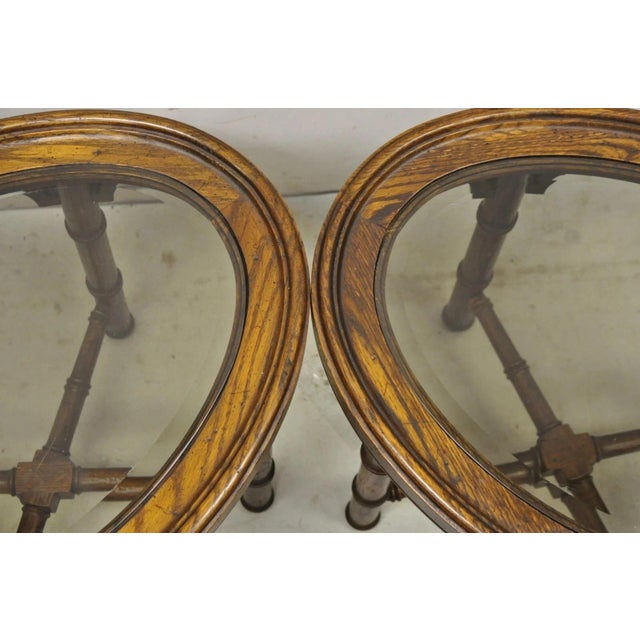 Vintage Chinese Chippendale Faux Bamboo Oval Small Glass Top Side End Table Pair For Sale In Philadelphia - Image 6 of 11
