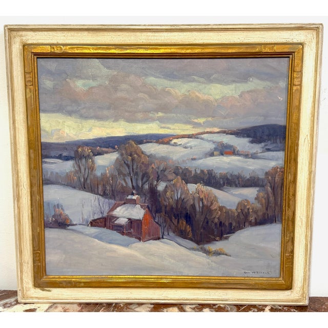 1950s George Lingle Wilstach (American, 1892–1973) Winter Hillside with Red Barn For Sale - Image 5 of 9