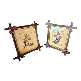 Mid 19th Century Lyman Byxbe “Columbine” and “Wild Rose” Prints in Criss Cross Corner Frames - Set of 2 For Sale