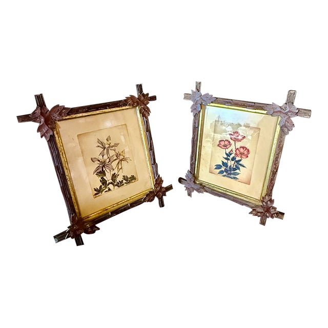 Mid 19th Century Lyman Byxbe “Columbine” and “Wild Rose” Prints in Criss Cross Corner Frames - Set of 2 For Sale