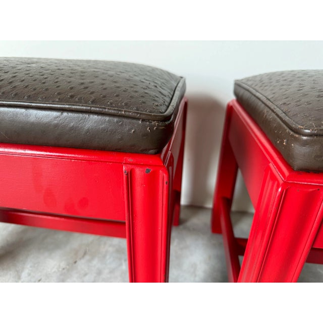 1970's Mid-Century Red Lacquered Mahogany Wood With Brown Leather Seats Ottomans - a Pair For Sale In Miami - Image 6 of 12