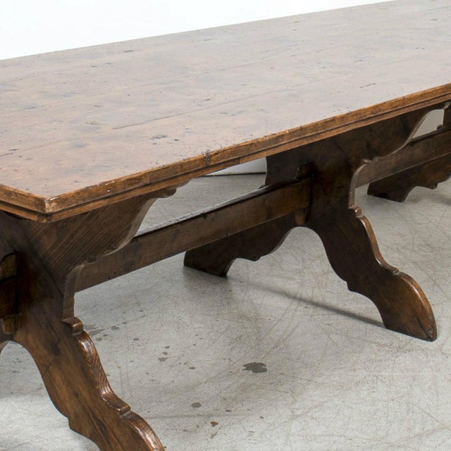 Brown 19th Century Italian Walnut Trestle Table With Scrolled X-Base From Tuscany For Sale - Image 8 of 17