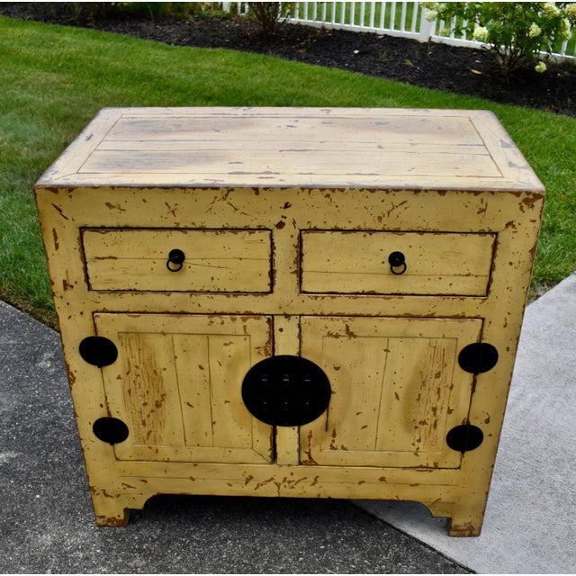1990s Chinese Wood Painted Cabinet Ming Style Distressed Yellow For Sale - Image 5 of 16