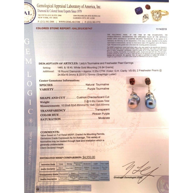 Metal Diamond Rubellite Tourmaline Pearl Earrings 18k Gold 6.25 TCW Certified For Sale - Image 7 of 10