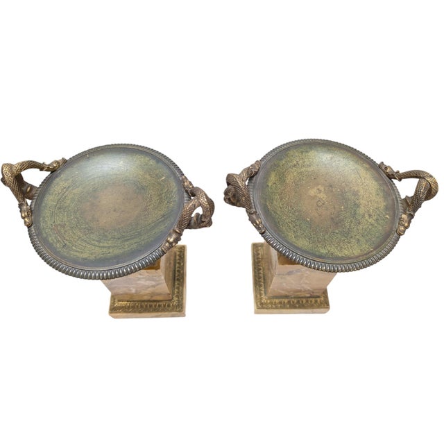 Bronze Pair of 19th-Century Bronze Tazzas Featuring Gilt Snake Handles and Siena Marble Stands For Sale - Image 8 of 16