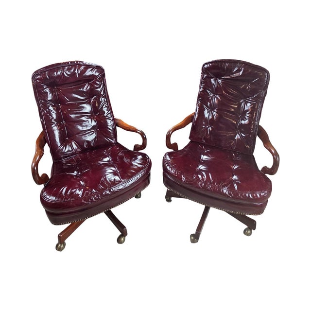 1990s 1994 Classic Leather Burgundy Top-Grain Leather Tufted Executive Swivel Chairs – Pair For Sale - Image 5 of 12