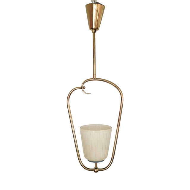 Mid-Century Scandinavian Brass Pendant Lamp with Glass Shade, 1950s For Sale
