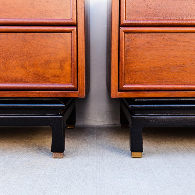 Wood 1960s Restored American of Martinsville Walnut & Brass Two Drawer Commodes / Nightstands For Sale - Image 7 of 15
