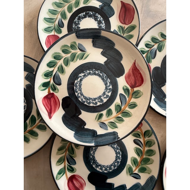 Navy Blue Set of 6 Hand Painted Studio Pottery Plates Signed P Silkotch 1993 Mississippi Folk Art 6.5 Inch Dessert Plates For Sale - Image 8 of 8