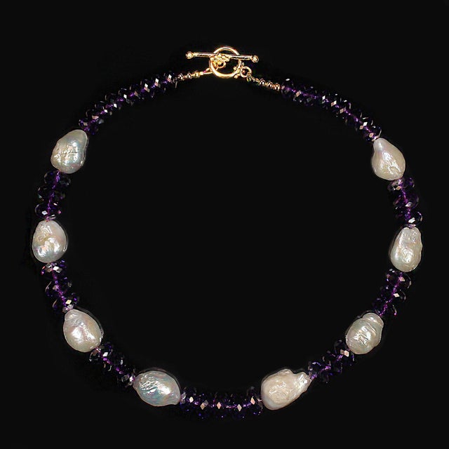2020s Ajd 17 Inch White Freshwater Pearl and Sparkling Amethyst Necklace For Sale - Image 5 of 5