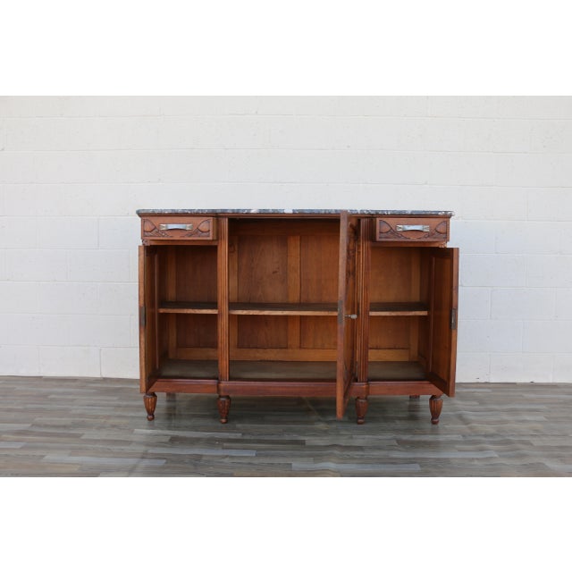 Antique French Art Deco Marble Top Sideboard Buffet Cabinet | Carved Solid Wood Bar Cabinet | Circa 1920s For Sale - Image 11 of 18