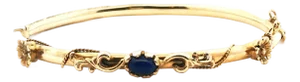 Late 19th Century 14k Yellow Gold Victorian Blue Glass Cabochon and Floral Design Hinged Bracelet